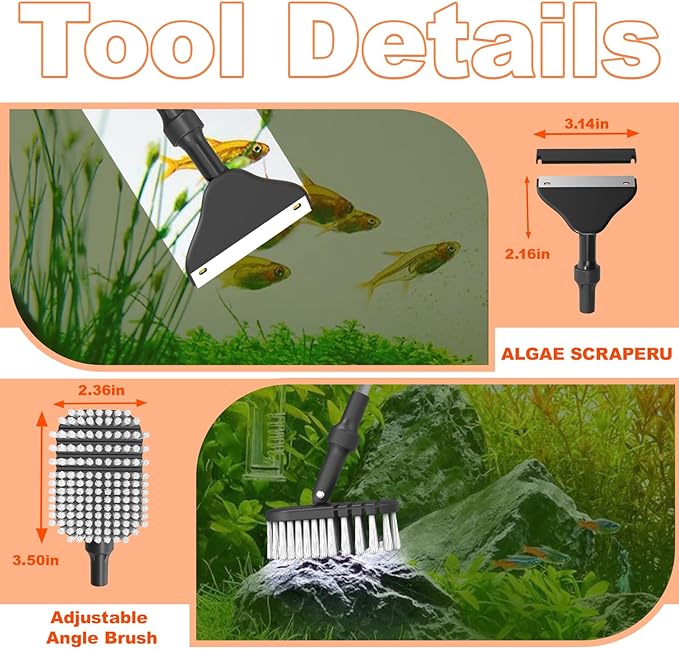 SEAOURA 7-in-1 Aquarium Cleaning Tool, Fish Tank Cleaner with Telescopic Handle,Aquariums Scraper,Adjustable Angle Brush,Gravel Rake,Plant Fork, Flat Sponge,Large Fishes Net,Hose Brushes