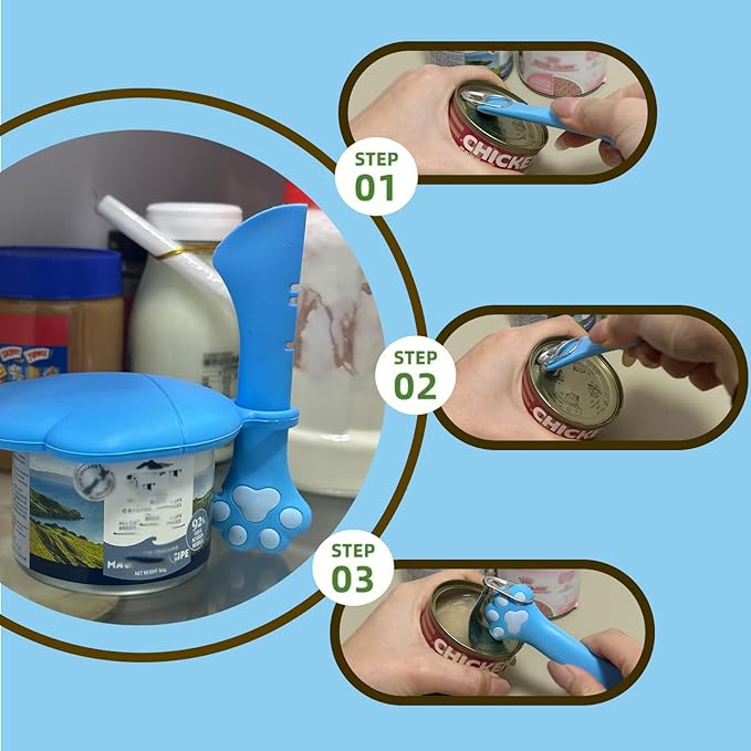 Cat Food Can Spoon & 3 Pcs Can Lids | Cute Paw Shape Covers & Opener for Wet Food | Universal BPA Free Silicone for Cats and Dogs Food(Blue)