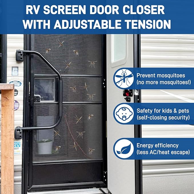 JERBOR RV Screen Door Closer with Adjustable Tension, Aluminum Camper Automatic Closing Device, Fit for Most Camper Latches & Travel Trailer Handles