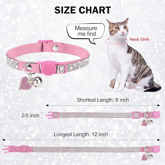 Rhinestone Cat Collar Breakaway with Bell, Diamond Cat Collar with Safety Buckle Quick Release for Girl Boy Kitten Pets Puppy,Cute Soft Female Male Cat Collars,Valentine's Day Pink 8-12"