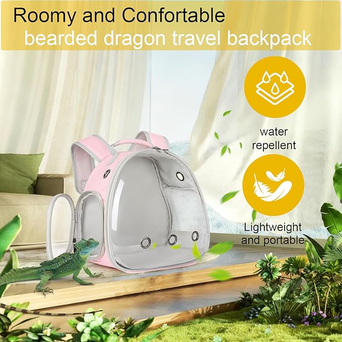 Hamster Backpack Carrier, Bearded Dragon Carrier Backpack with Clear Bubble Window,Small Animal Travel Backpack for Hedgehog Rat,Chameleon,Rabbit,Sugar Glider,Airline Approved (Pink, Backpack)