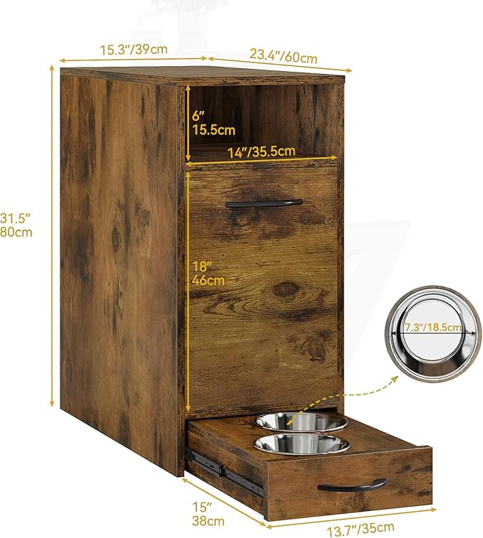 DWVO Dog Feeding Station with Storage, Dog Food Cabinet with 2 Feeder Bowls, Pull Out Elevated Dogs Bowl, Rustic Brown