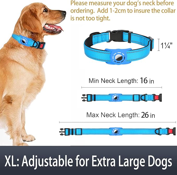 Airtag Dog Collar with AirTag Holder for Large Dogs, Reflective, Soft Padded & Safety Locking Buckle, Nylon Pet Collars Adjustable for All Breeds, SkyBlue,XL