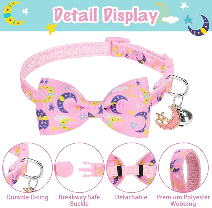 SCENEREAL Cat Collar Breakaway 3 Pack - Safety Kitten Collar with Bells Moons Stars Bowtie, Spring Summer Pet Accessory for for Girl Boy Male Outdoor and House Cats Kitty Adjustable 7''-12''