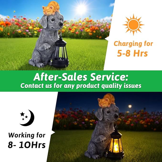 ILLUMINEW for Mom – Solar Dog Garden Statues with Lantern and Sleeping Cat, Resin Pet Figurine Light for Outdoor Yard Decor, Gift for Women Grandma