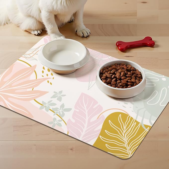 Topotdor Boho Dog Food Mat - Absorbent Quick-Dry Cat Bowl Mat for Food and Water, Non-Slip Pet Feeding Placemat for Messy Drinkers Dog Accessories Pet Supplies, 16"x24", Pink