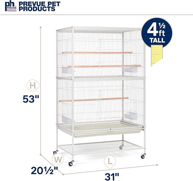 Prevue Pet Products Wrought Iron Bird Flight Cage with Wheels - Large Birdcage for Parakeets, Canaries, Finches, Cockatiels, Lovebirds, Green Cheeks, Metal Standing Birdcage - Chalk White