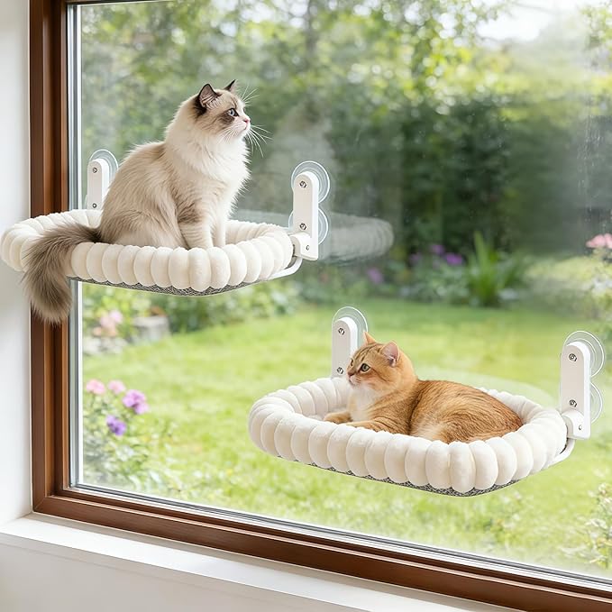 2PC Cat Window Perch with Bolster Foldable Cat Hammock Cushion Bed for Window with Metal Frame, Cloud-Cuddle Cordless Window Resting Seat for Indoor Cats (Cushion Bed, White-M)