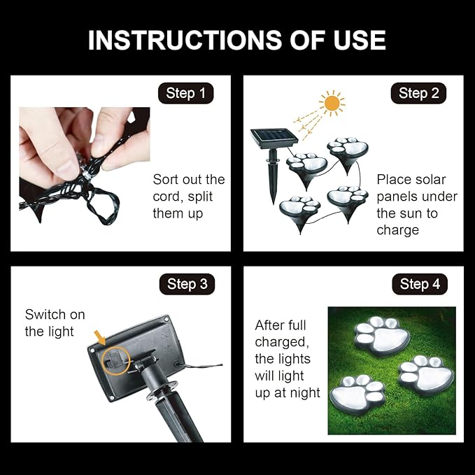 Animal Paw Print Solar Lights Outdoor Garden Decor, 4 Pack Paw Print Lights with Cord, IP55 Waterproof Yard Pathway Decor Light, Cold White Color Light, New Home Birthday Christmas Gift