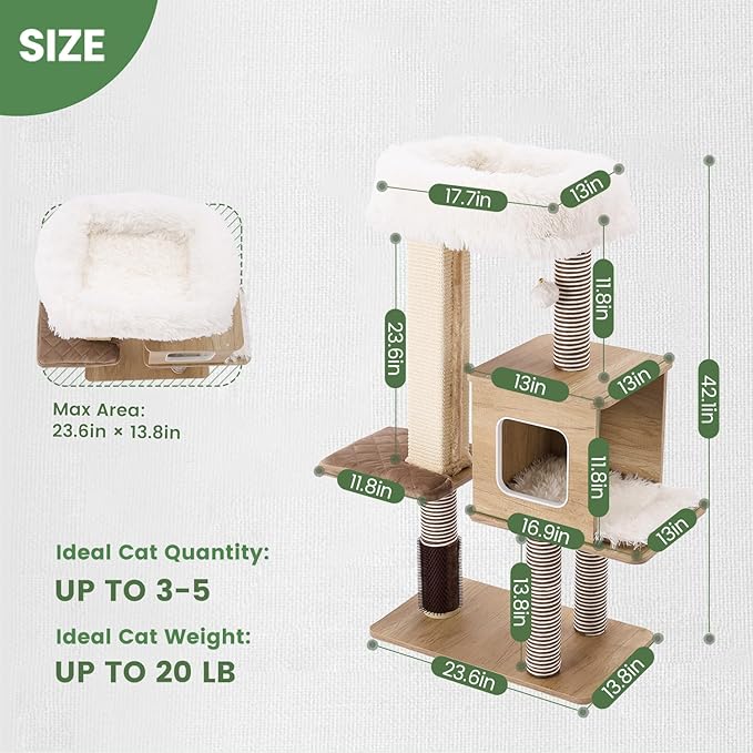 Cat Tree Tower, 41.7 in Wood Cat Condo with Sisal-Covered Scratching Posts and Plush Pom-pom, Multi-Level Climbing Cat Furniture with Jump Platform for Indoor Cats, Beige