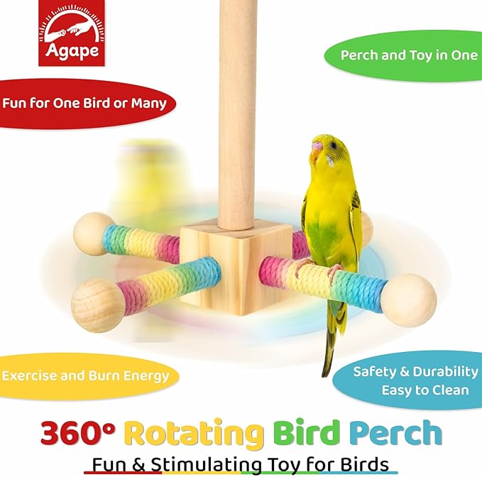Agape Bird Toy, Parrot 360° Interactive Rotating Perch, Bird Cage Accessories for Small and Medium Parrots to Expend Energy, Wooden Stand for Parakeets Cockatiels Lovebirds Conures Finches Budgies