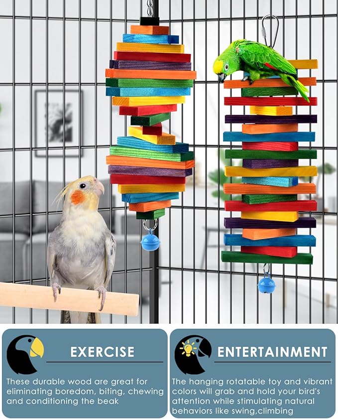 Bissap 2 PCS Bird Chew Toys, Multicolored Bagel Cascade Bird Parrot Chewing Sticks Biting Wooden Blocks Toy for Small Medium Conure Parakeet Cockatiels Lovebird Similar Sized Pet Birds