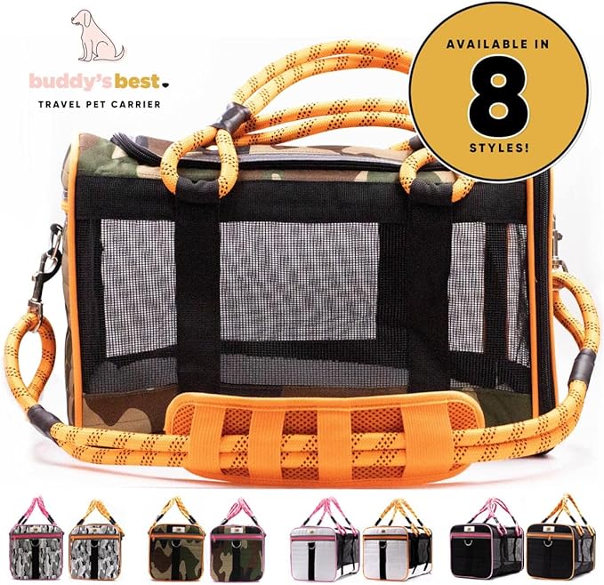Buddy's Best Airline Approved Pet Carrier Black & Pink Heavy Duty, Fits Under Seat, TSA Compliant, Ventilated Mesh Design w/Waterproof Base & Reflective Safety Strips