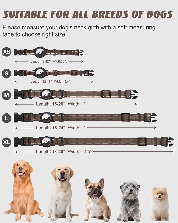 Joytale Airtag Dog Collar, Reflective Pet Collar with Waterproof AirTag Holder, Dual D-Rings, Soft Padded Adjustable for Extra Small and Puppy Dogs, Brown, XS