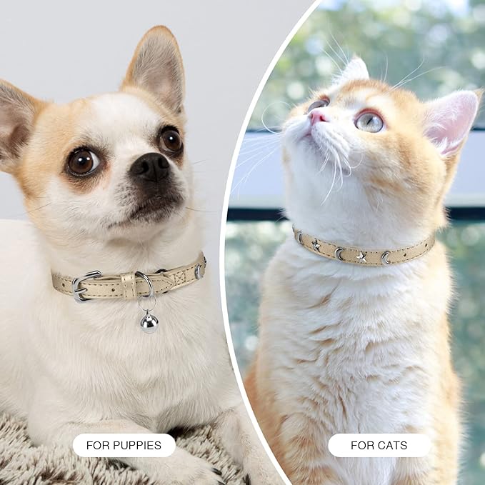 Leather Cat Collars for Boy Girl Cats with Bell and Safety Elastic Belt, Personalized Star and Moon Stud Adjustable Safe Buckle Collar for Kitty Small Big Cats Size 8-12 Inch, Gold