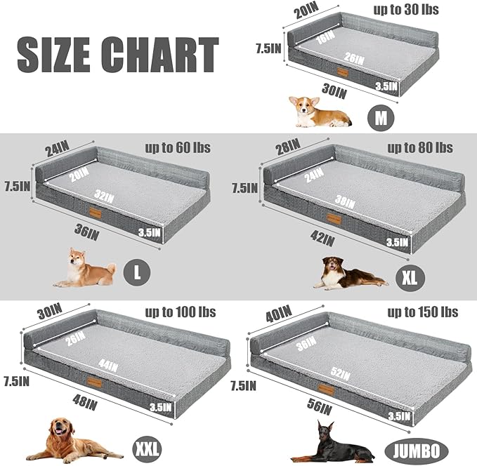 Patas Lague Orthopedic Dog Bed Medium Size Dog 30''X20'', Waterproof L Bolster Medium Pet Sofa Beds with Removable Washable Cover, Soft Comfortable Pet Couch Crate Mat with Nonskid Bottom, Grey