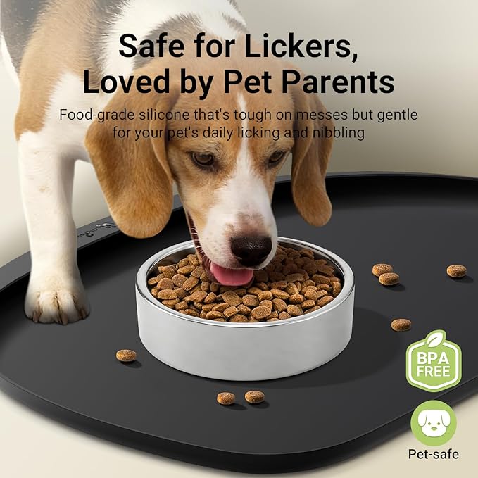 DownyPaws Dog Food Mats for Floors Waterproof, BPA Free Silicone Dog Bowl Mat, Non-Slip Pet Feeding Mat with High Raised Edge, Cat Placemat for Messy Drinkers, 24"×17", Black