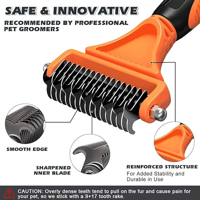 3PCS Pet Grooming Rake & Metal Comb & Flea Comb for Cats and Dogs, Double-Sided Dematting Tool, Extra-Wide Deshedding Dog Brush for Long Hair to Effectively Remove Tangles, Knots and Mats (Orange)