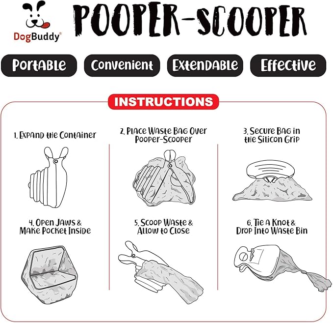 DogBuddy Pooper Scooper, Portable Dog Pooper Scooper, Poop Scooper for Small and Large Dogs, Pooper Scooper With Bag Attachment, Leash Clip and Dog Waste Bags Included (Medium, Mist)
