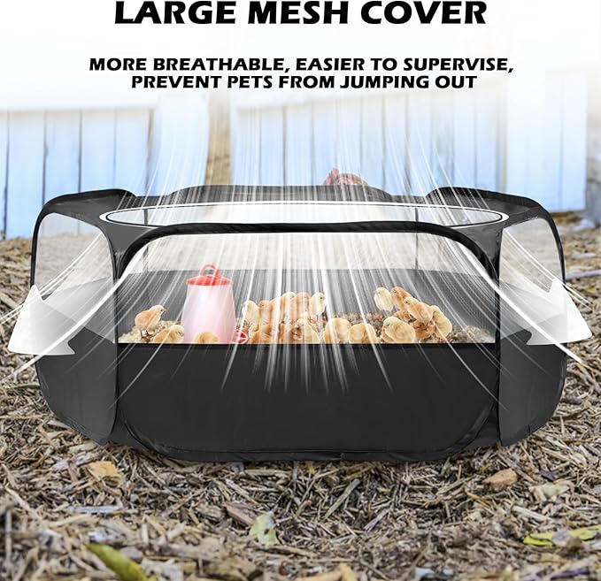 UWE Small Animal Playpen, Chicken Brooder Box with Cover Top, Portable Outdoor Exercise Pet Cage Tent, Waterproof Breathable Pet playpen Indoor for Chick Ktiien Bunny Hamster Guinea Pig, Black