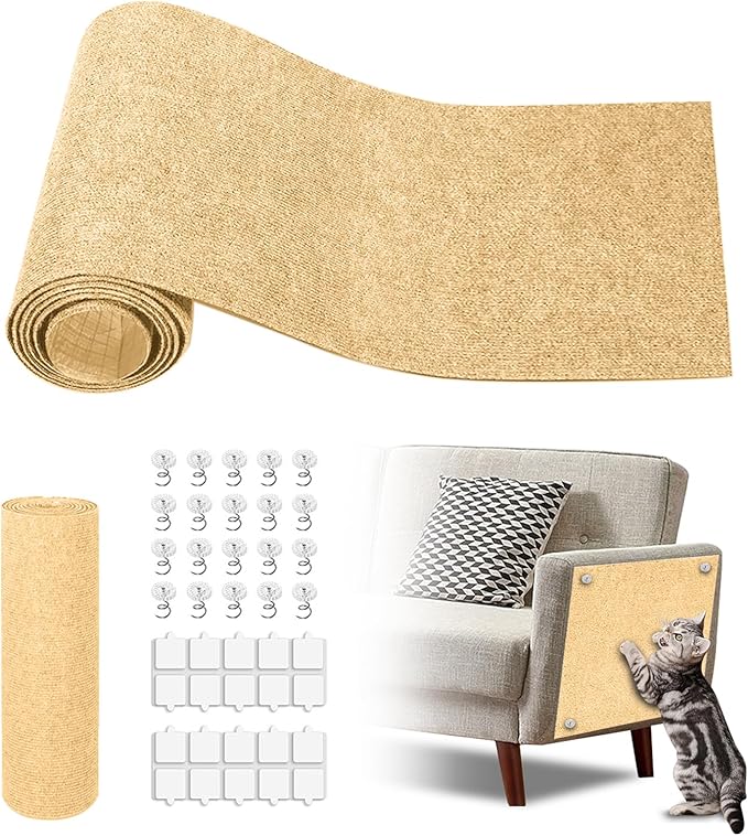 Cat Scratch Mat,118.5"x17.4" Trimmable Self-Adhesive Cat Scratch Furniture Protector, Sticky Cats Scratcher Wall Mat, Covering Cat’s Tower, Couch Protector from Cats Claws (Beige)