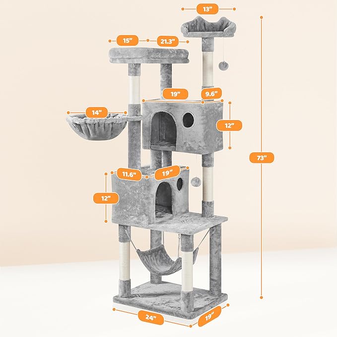Yaheetech 73in Cat Tree Tower for Indoor Cats, Multi-Level Cat Activity Center with Scratching Posts Large Cat Condo with Funny Hammock for Kittens