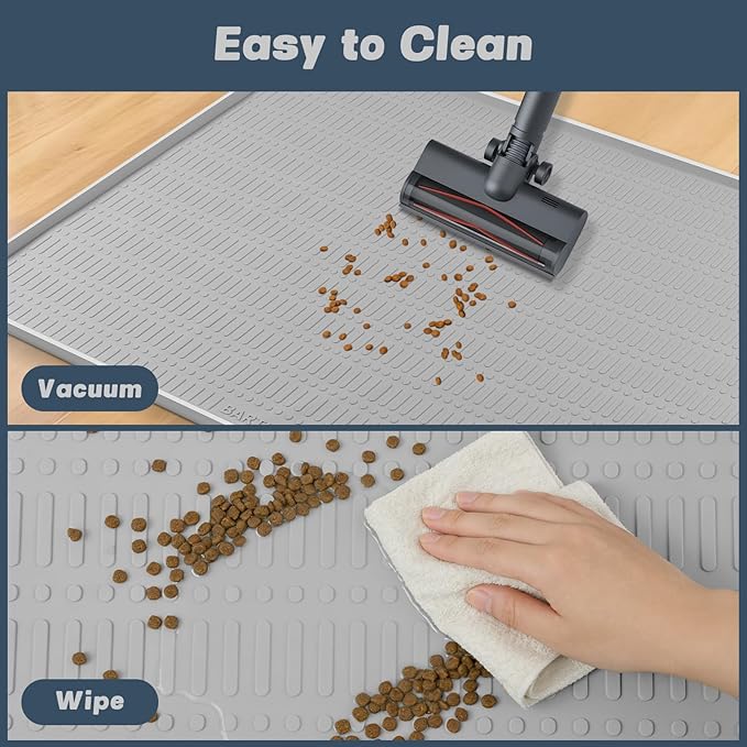 47" x 35" Silicone Cat Food Mat, Waterproof Pet Feeding Mat with Raised Edge, Extra Large Cat Bowl Mat Water Bowl Placemats for Cats, Non-Slip, Protects Floors, Easy to Clean (Light Gray)