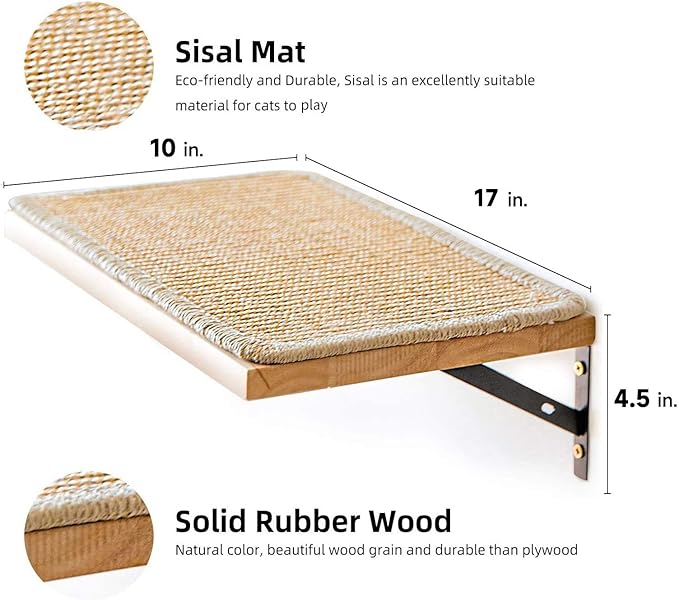 FUKUMARU Cat Wall Shelves, 17 x 10 Inch Cat Walls Furniture with Sisal Mat, Solid Rubber Wood Floating Shelf with Upgraded Installation, Kitten Wall Tree for Sleeping, Playing and Scratching