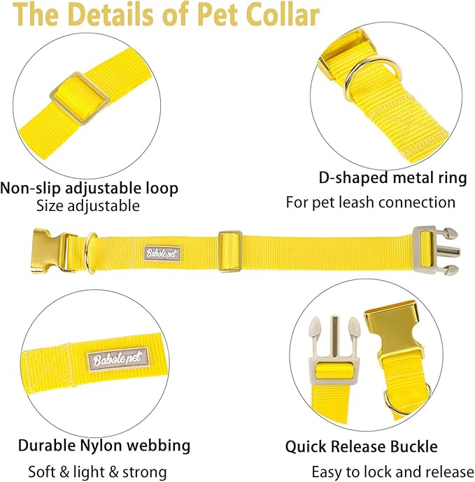 Nylon Dog Collar - Adjustable Yellow Soft Webbing Dog Collars for Small Medium Large Dogs Boy Girl Puppy Collar with Safety Metal Buckle M