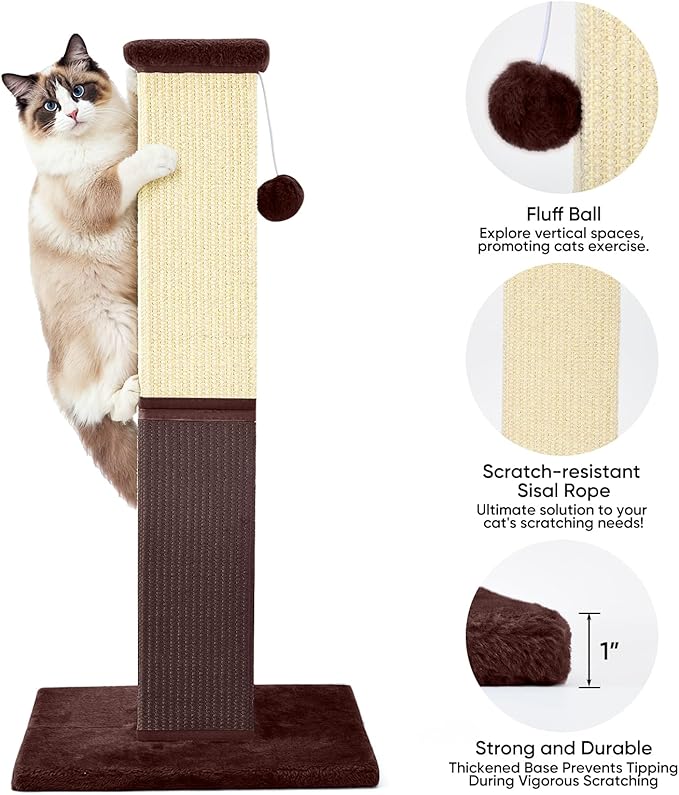 Cat Scratching Post, 32 Inch Cat Scratching Post for Large Cats, Cat Scratcher with Nature Sisal, Cat Scratch Post for Indoor Large Cats and Kitten, Brown