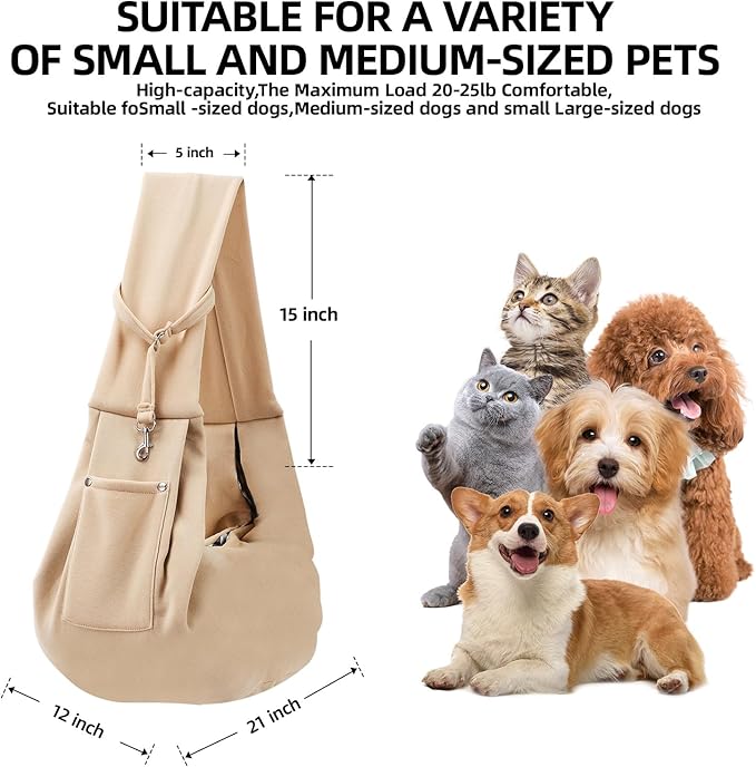 Dog Carrier Sling - Reversible Puppy Carrier Purse with Storage Pocket, Hand-Free Dog Sling Carrier for Carry Small Dogs and Cats, Travel Safety Harness, Dog and Cat Harness (Apricot)