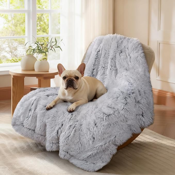 Luciphia Large Waterproof Dog Blanket for Pet Washable Liquid Proof Bed Intimacy Protection Shaggy Plush Calming Long Faux Fur Couch Cover Calming Cat Throw Blankets, Mist Grey, 50" x 60"