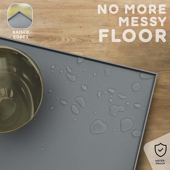 Dog Food Mat - 24x15 Raised Edges Dogs Mat for Food and Water Prevent Spill, Waterproof Cat Food Mats Protect Floors, Easy Clean Dog Bowl Mats for Food and Water, Silicone Pet Feeding Placemats