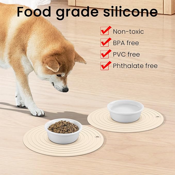 Ptlom Silicone Pet Food Mat for Dogs and Cats Placemat 2Pcs, Waterproof Non-Slip Feeding Bowl Mats Prevent Food and Water Overflow, Silicone Puppy Mat Suitable for Small Medium Pets, Beige, 9.5Inch