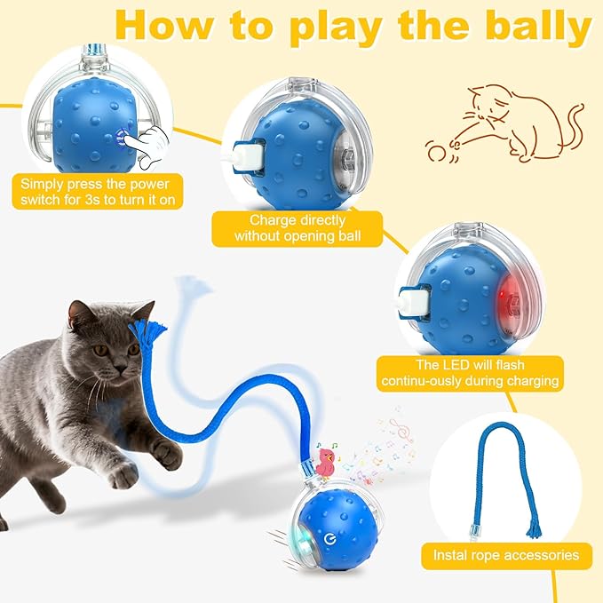 Interactive Cat Toys Ball for indoor Cats＆Dog,Automatic Cat Toy with Smart Obstacle Avoidance,Bird Chirps & Auto Wake-Up,Includes 4 Cat Spiral Spring,Cat Enrichment Toys for Indoor Cats(Blue)