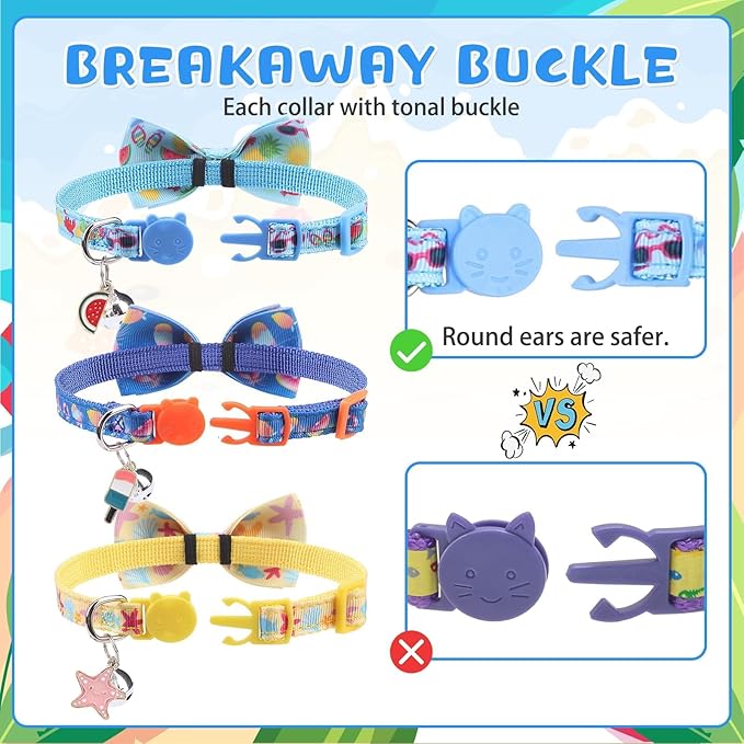 KOOLTAIL Breakaway Cat Collars for Boy Cats with Bow Tie and Bell, 3 Pack Fancy Ocean Theme Kitten Collars with Cute Charm Pendant & Safety Buckle, Adjustable Soft Collars for Boys Girls Kitty