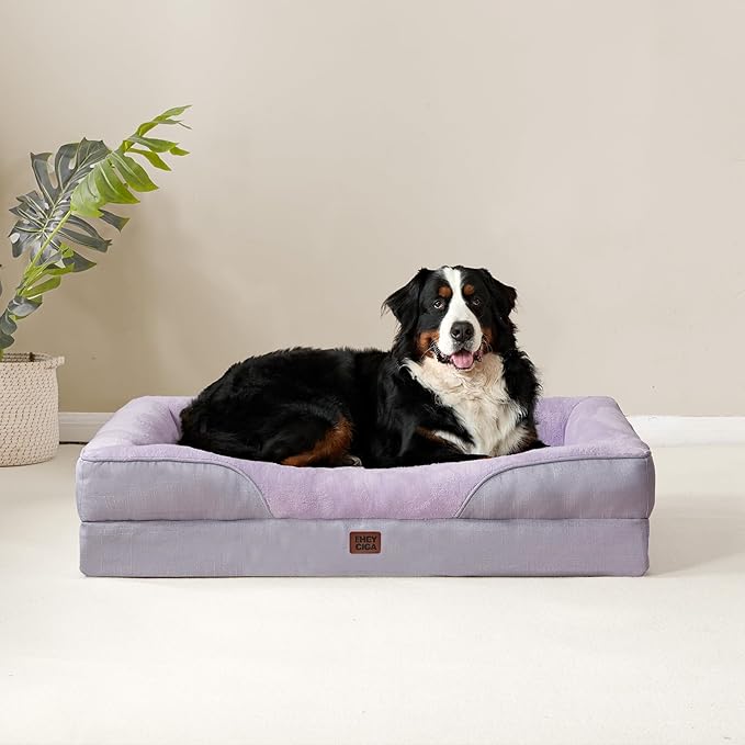 EHEYCIGA Orthopedic XXL Dog Bed for Large Sized Dog, 52x41x8 Inch Extra Large Memory Foam Dog Couch Bed with Sides, Waterproof Liner & Washable Removable Cover, Bolster Pet Sofa, Purple