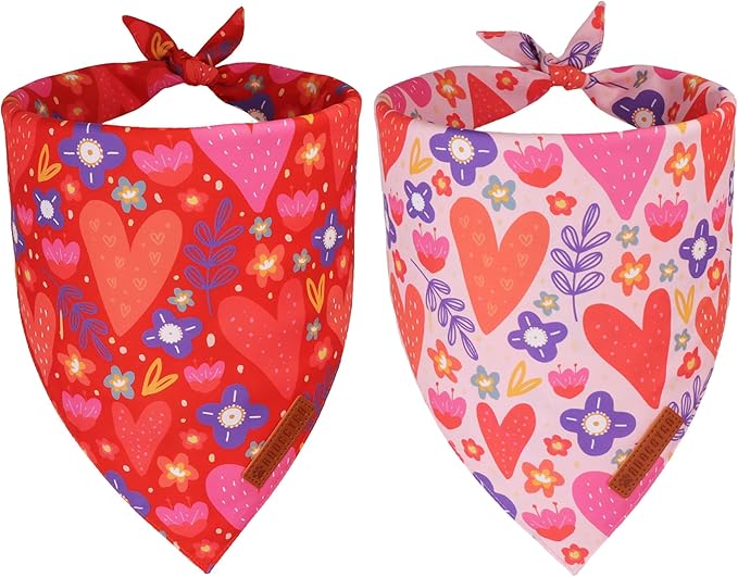 ADOGGYGO Valentines Dog Bandana 2 Pack, Heart and Floral Print Pet Scarf Bib, Adjustable Fit Red Pink Valentines Bandanas for Medium Large Dogs (Large)