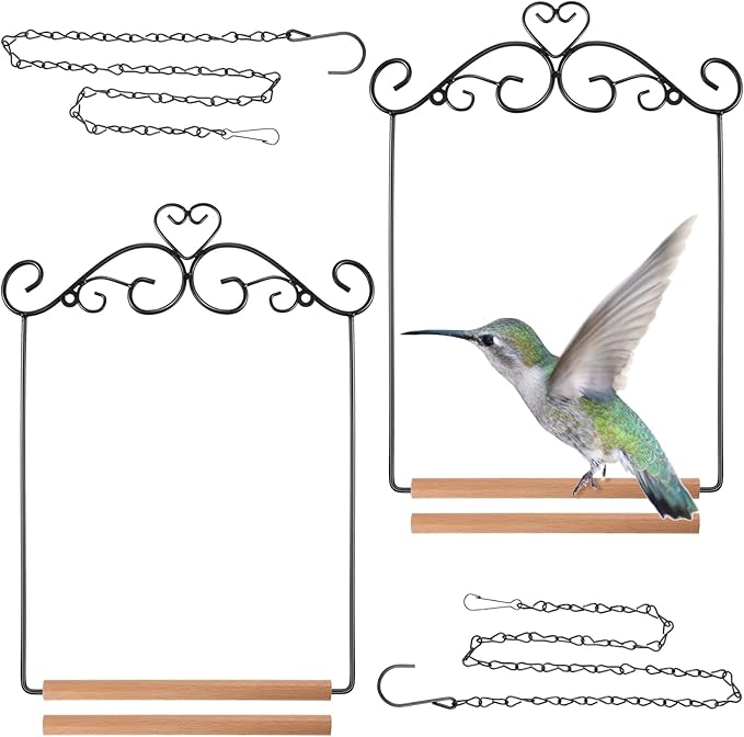 Hotop 2 Pcs Hummingbird Swings and Perches Metal Frame Bird Swing with 2 Replacement Wooden Dowel and 2 Hanging Chain for Outdoor Bird Feeders, Planters, Lanterns Ornaments(Black)