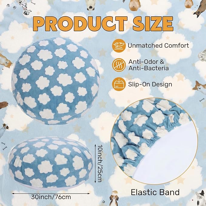 Youyole Medium Washable Round Dog Bed Cover Replacement Waterproof 30 x 30 x 10 in Round Donut Bed Cover for Dog Soft Blue Beds Protector Sheet with Lovely Clouds Print for Donut Beds & Pet Couch