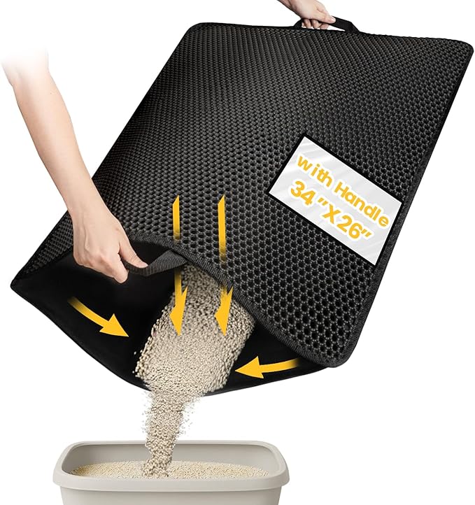 Cat Litter Mat, Upgrade Super Waterproof Back Layer Litter Box Mat, Non Slip, Durable, Soft on Paws Kitty Trapping Matt (34"x26", Black)
