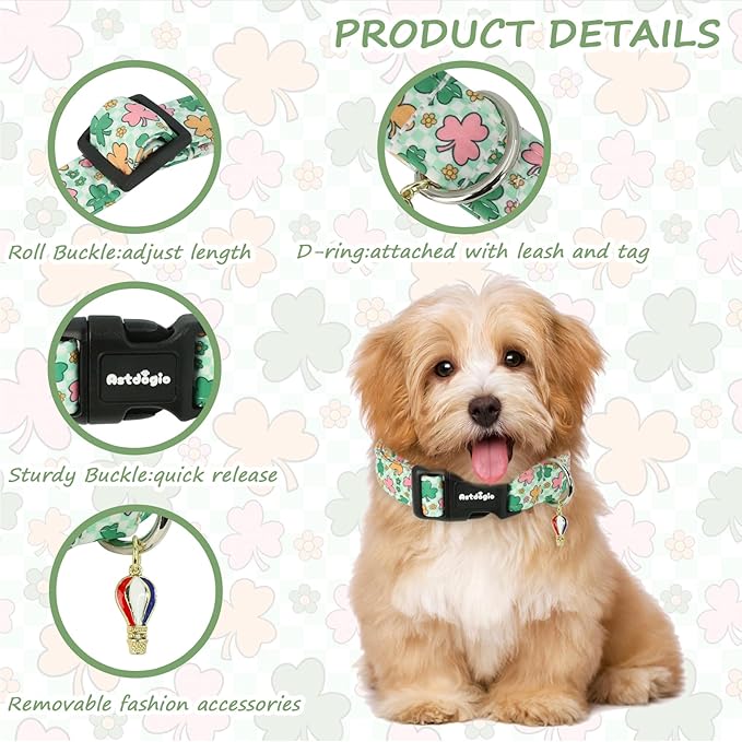 St. Patrick's Day Dog Collar,Puppy Collar with Lucky Shamrock Chequered Pattern,Adjustable Spring Cotton Collars Gifts for Small Medium Large Dogs,Dog Accessories M