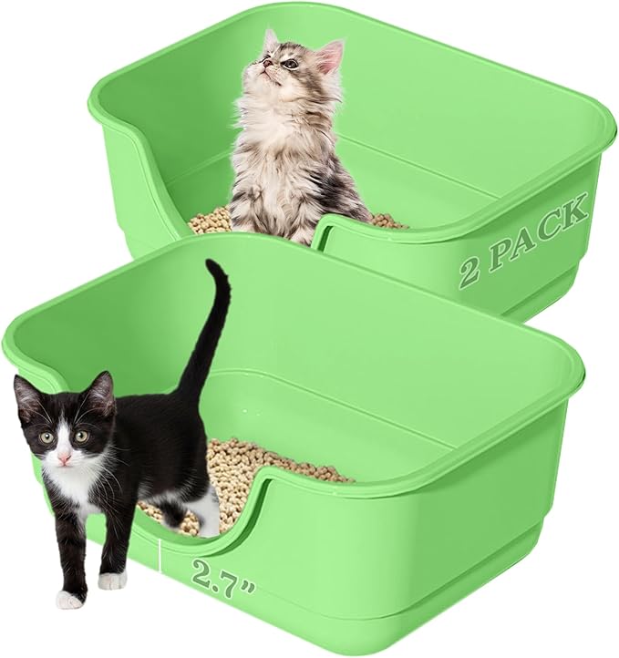 2 Pack Low Entry Small Litter Box for Kittens, Kitty Plastic Litter Boxes, Open Top, Anti-Splash High Sided Litter Tray Pan for Medium Pets, Puppy, Easy to Clean, 15.7"L*11.8"W*6.7"H (Green)