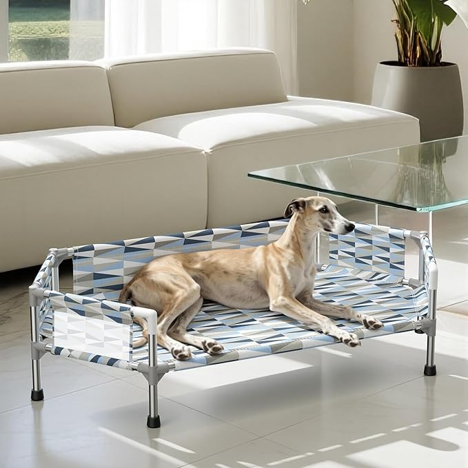 Elevated Dog Bed with Guardrail, Cooling Outdoor Pet Cot with 5-Sided Fence，Raised Dog Cot with 6-Metal Frame