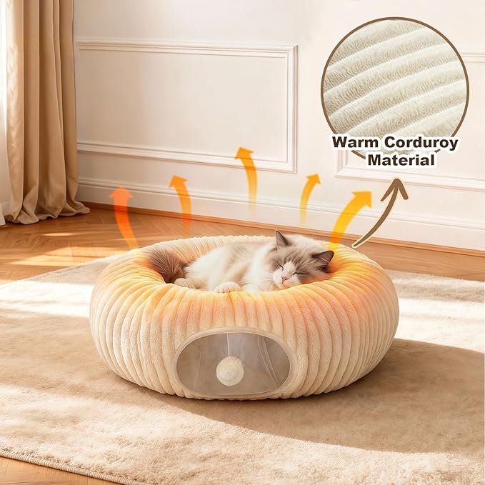 Cat Tunnel Bed with 40 Pcs Interactive Cat Toys, Cat Tube with Kitten Toys for Indoor Kittens, Collapsible Play Tunnel, White
