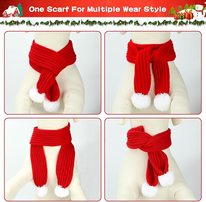 BWOGUE 2-Piece Knitted Dog Christmas Scarf & Bandana with White Pom Pom for Medium/Large Dogs - Winter Warm Holiday Pet Costume Accessory (Red, Green)