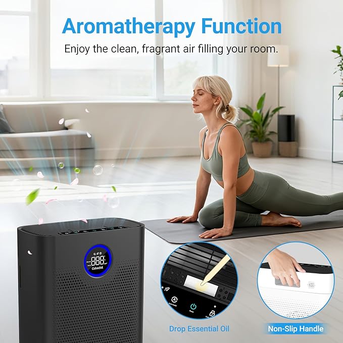 Air Purifiers for Home Large Room Up to 2216 Ft², Cobectal Pet Air Cleaner with H14 True HEPA 3-in-1 Filter, PM2.5 Air Quality Sensor, Aroma Function, Room Air Purifier for Home, Office, RVs, Black