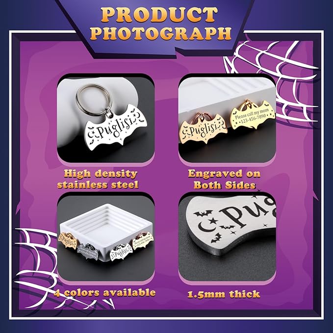Dog Tags Personalized for Pets - Bat Shape Dog Tag, Customized Pet ID Tag for Black Cat, Witch Friendly Cat Tags, Funny Spooky Dog Name Tag, Stainless Steel Dog ID Tag Engraved on Both Sides