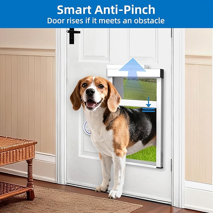 Automatic Dog Door with Doorbell Activation, 2-Flap Electronic Smart Pet Door with Anti-Pinch, No Collar Needed, Aluminum Lockable Weatherproof Telescoping Tunnel for Pets Up to 40 LB- M