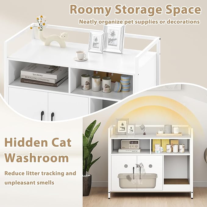 Giantex Cat Litter Box Enclosure - Cat Washroom Hidden Furniture with Front Entry, Scratcher, 2-Door Storage Cabinet, 2 Compartments, Air Vents, Metal Frame, Wooden Pet Crate House (White)